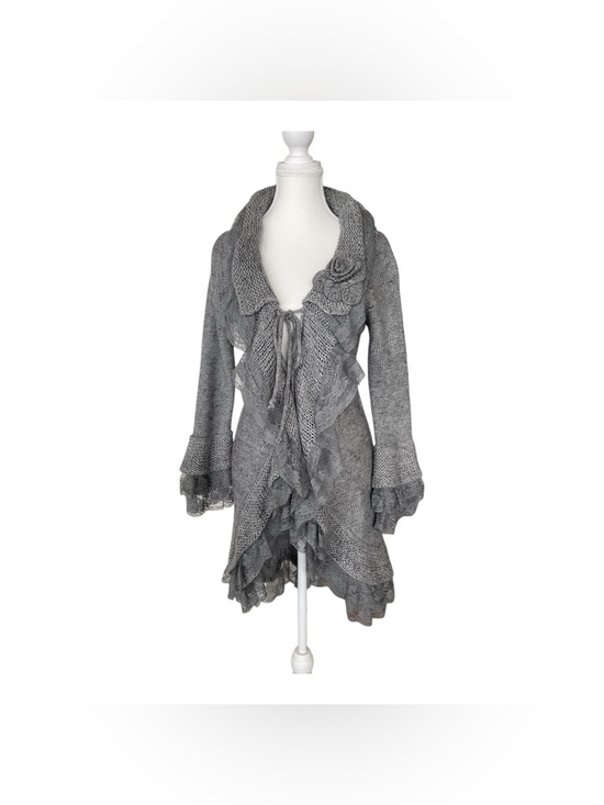 Sioni Sweaters - Sioni Grey Knit Lace Cardigan Sweater Coat Boho Romantic Size L